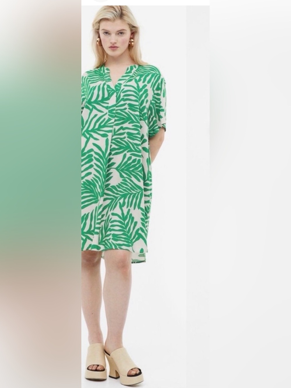 H&M White Shirt Dress with Green Palm Print
